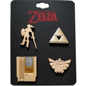 Set of 4 Pins (Link, Triforce, Cartridge, Crest) by Bioworld, USA 2018.